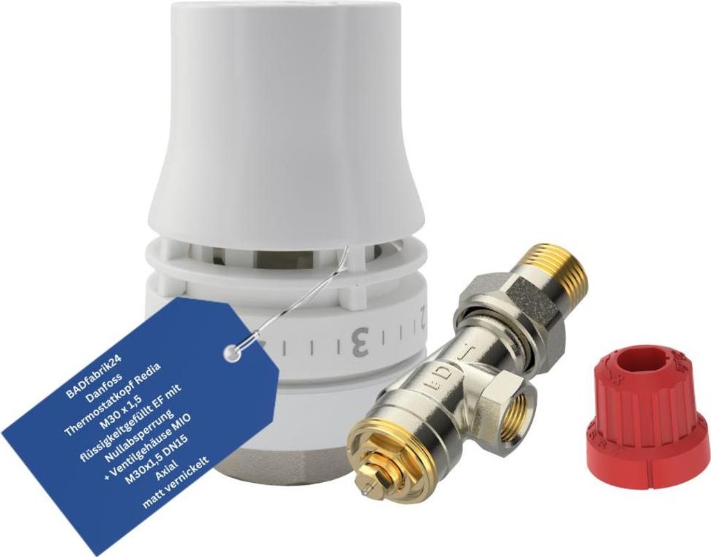 BADfabrik24 Danfoss Thermostatkopf Redia M30 x 1,5 flüssigkeitgefüllt EF mit Nullabsperrung + Ventilgehäuse MIO M30x1,5,DN15 R 1/2, UK (Axial), ...