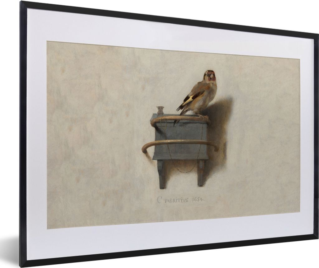 MuchoWow Gerahmtes Poster Der kleine Stieglitz - Gemälde - Fabricius - Alter Meister 60x40 cm - Poster mit Schwarzem Bilderrahmen Wandposter Rah...