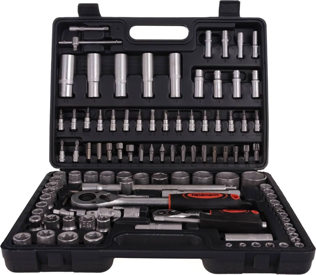 A black toolbox filled with various metal tools, including sockets, wrenches, and bits.