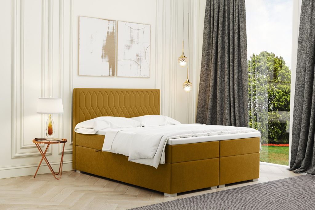 Kaiser Möbel Boxspringbett mit bettkasten und matratze + topper RIMINI stoff Riviera Gelb 120x200 cm