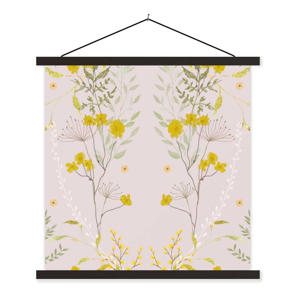 MuchoWow Textilposter Rosa - Blumen - Design - Pastell 90x90 cm mit schwarzem Rahmen - Magnetisches