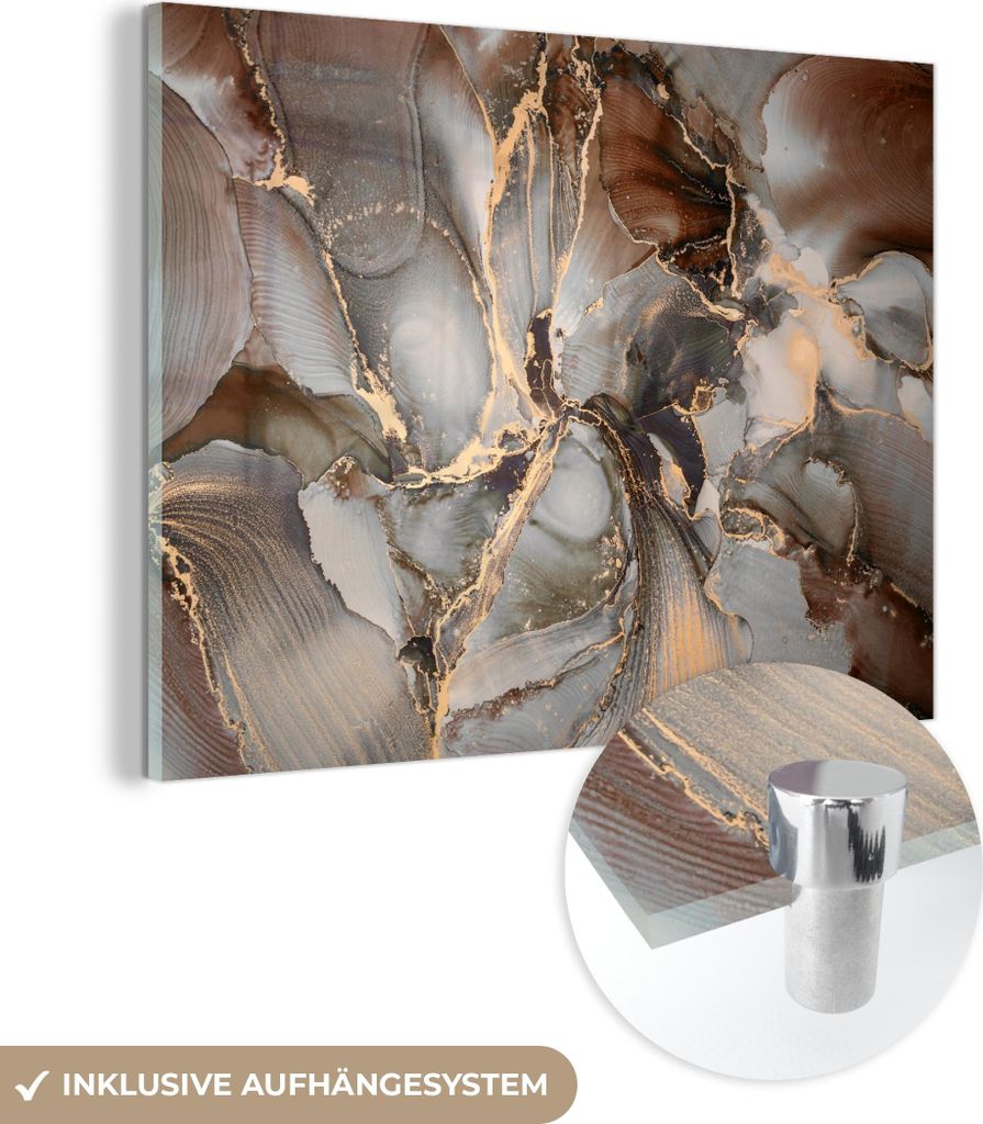 MuchoWow Glasbilder - Bilder auf Wandbild - Foto auf Glas Grau - Gold - Marmor - Marmoroptik 80x60 cm Wanddekoration aus Glas - Acrylglasbild - Acr...