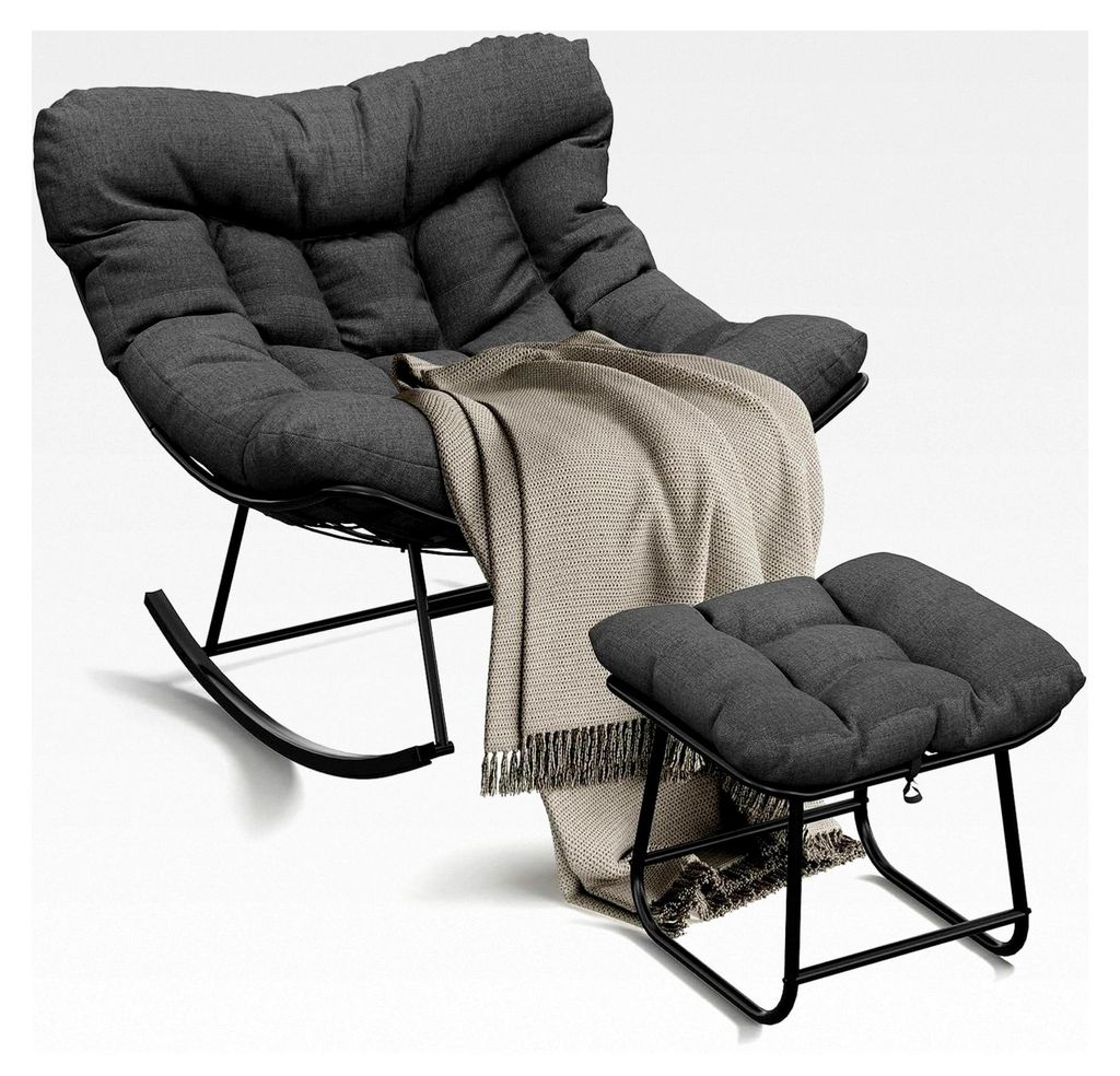 Oversized Schaukelstuhl mit Fußhocker, Schaukelsessel mit dickem Kissen und Metallrahmen, Relaxsessel für Pool, Garten und Hinterhof, Tragfähigkeit