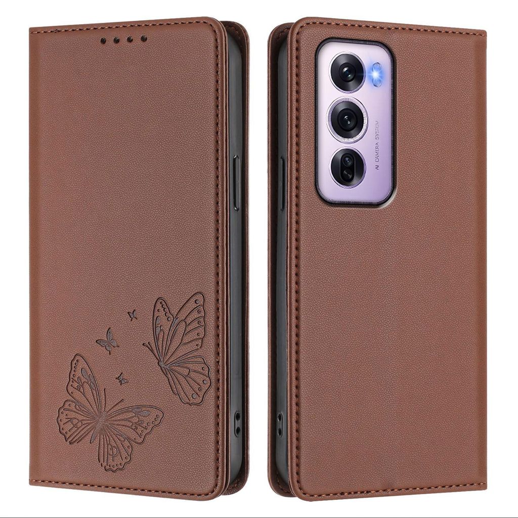 Lederhülle für Oppo Reno12 Pro 5G, Schmetterling Prägung Leder Brieftasche Schutzhülle mit Ständer Braun