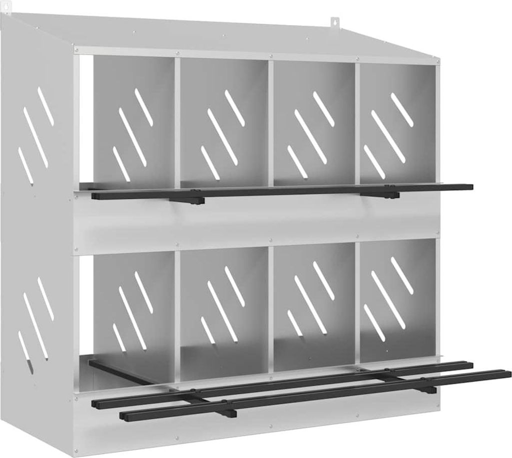 A white metal nesting box with 8 compartments for chickens, shown from a front-side angle against a white background.