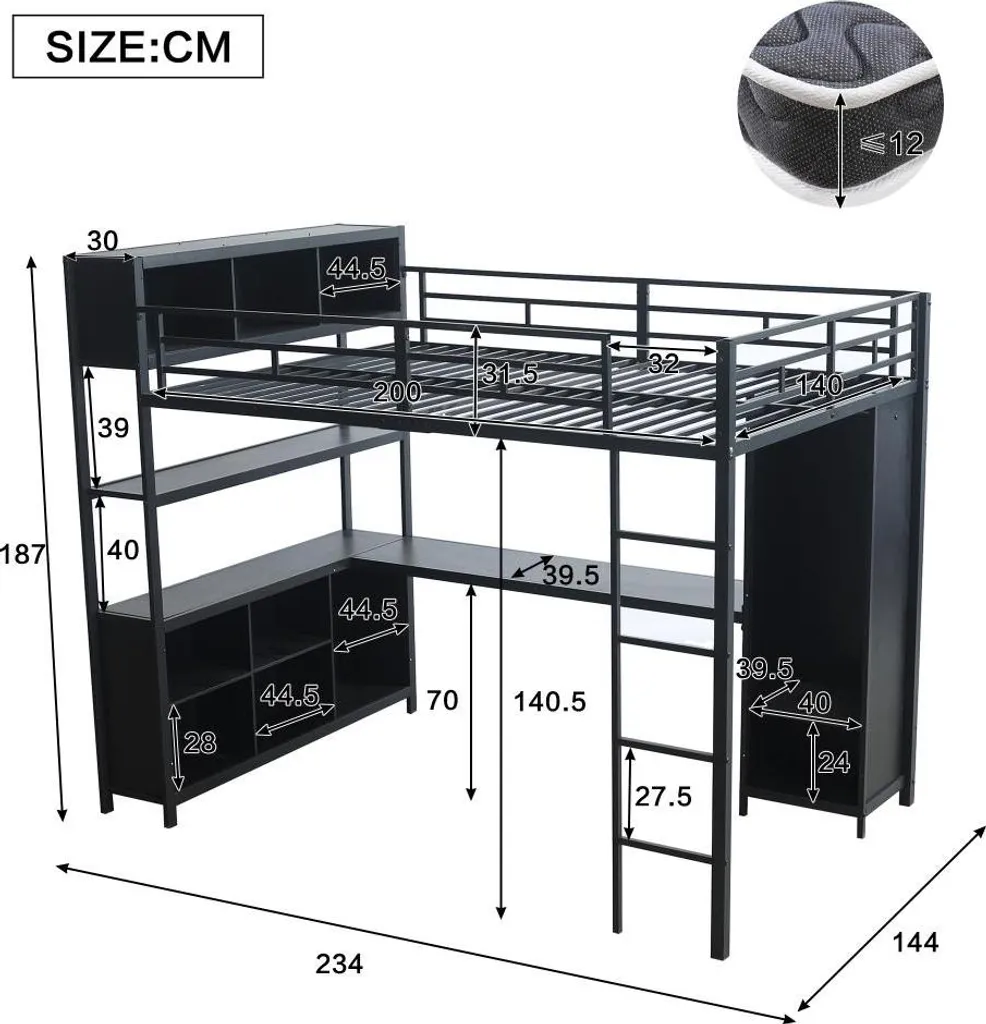 Lit surélevé noir 140x200 structure fer avec armoire de rangement intégrée - 2