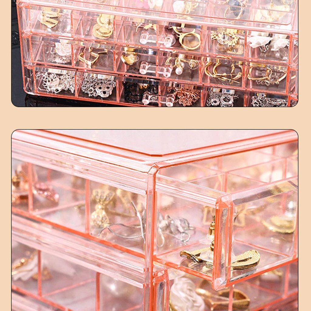 Allecto Premium - Aufbewahrungsbox für Schmuck und Ohrringe - Transparente Acryl-Organizer mit 3 Schubladen - 72 Fächer - Rosa - Für Frauen und ...