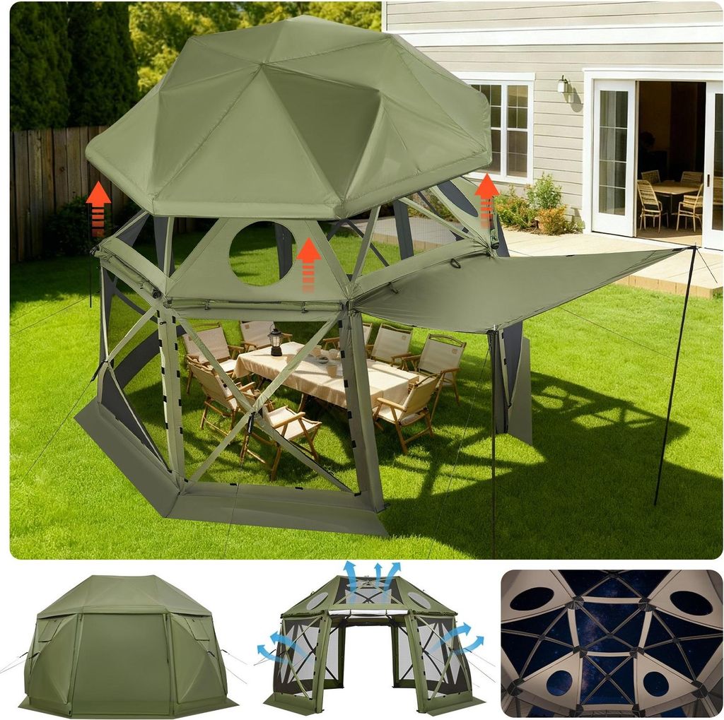 Pop-up Kuppel-Pavillon - Gartenpavillon/Partyzelt - 3,96 x 3,96 m - Für 10–12 Personen - Abnehmbares Dach - 360° Belüftung - UV-Schutz - Mit T...