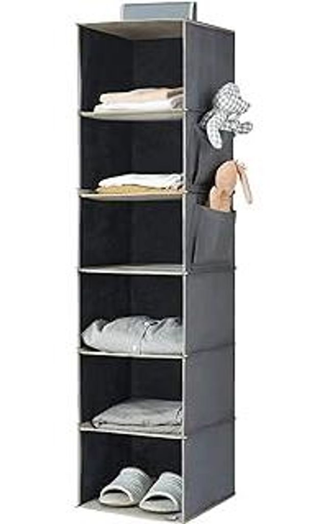 Hängeregal Hängesystem Kleiderschrank Schrank Organizer 6 Fächer mit 2 Taschen Grau für Kleidung und Schuhe Aufbewahrung