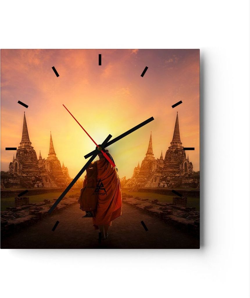 Wanduhr - Quadrat - Glasuhr - Tempel Mönch - 40x40cm - Schleichendes Uhrwerk - Lautlos - zum Aufhängen bereit - Dekoration Modern - Wanddekoratio...