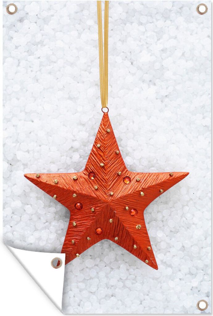 MuchoWow 60x90 cm Outdoor-Poster Gartendeko Sichtschutz Garten Poster für den Garten Ein roter Stern mit verschneitem Hintergrund