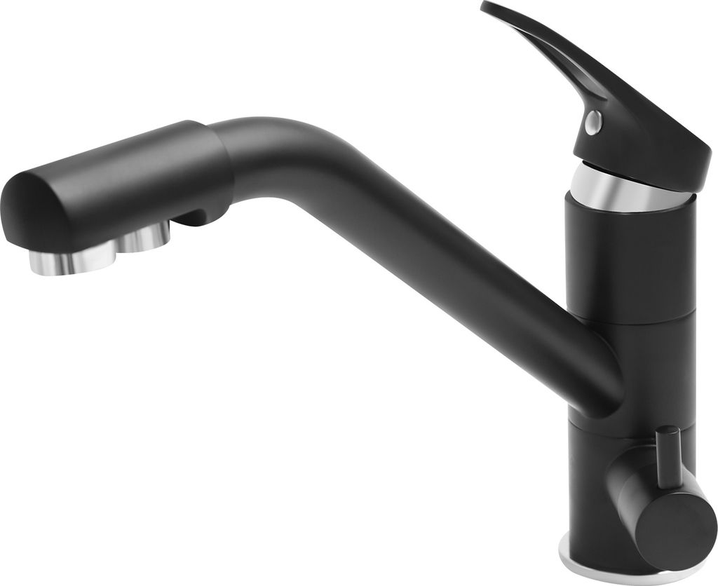 A black kitchen faucet with silver accents, shown against a white background.