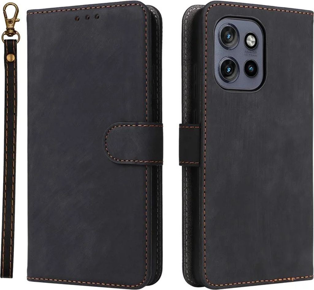 Hülle für Motorola Edge 60 Neo/Edge 50 Neo / ThinkPhone 25 - Phonesta Vintage Skin Book Wallet Klapphülle mit abnehmbarer Kordel - Schwarz