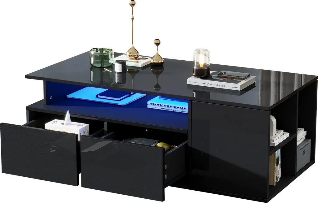 Table basse LED RGB via Appli et 2 grands tiroirs 100x50x35 cm - Noire