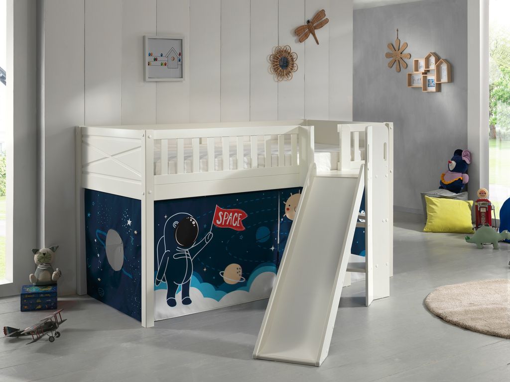 VIPACK - Spielbett SCOTT, LF 90 x 200 cm, mit Rolllattenrost, Rutsche, Leiter und Textilset "Space Shuttle", weiß lackiert