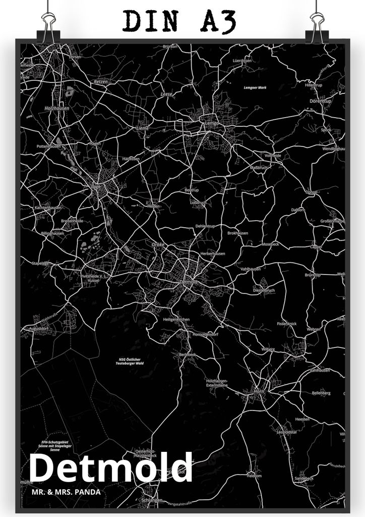 Mr. & Mrs. Panda Bild Detmold DIN A3 - Geschenk, Stadt Dorf Karte Landkarte Map Stadtplan, Wandbild, wandkunst, wanddeko, Plakat, drucke