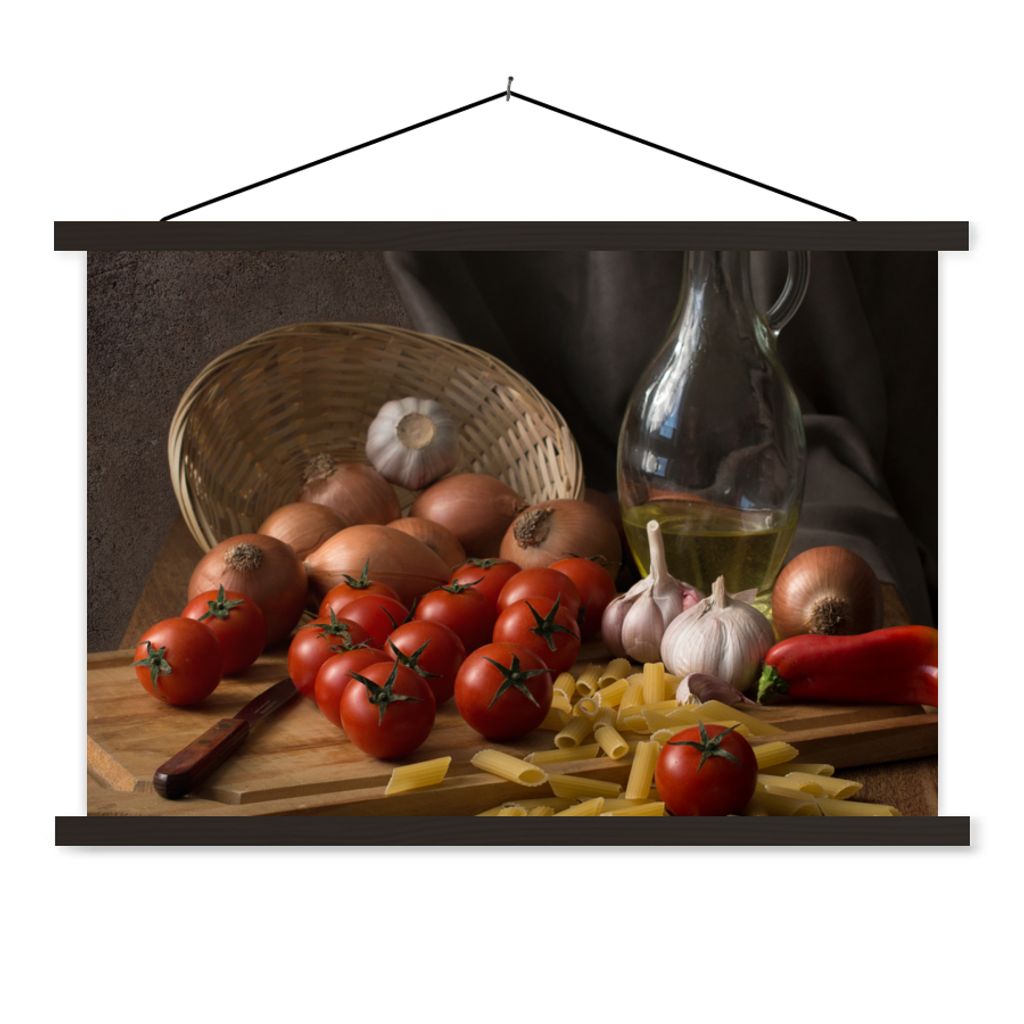 MuchoWow Textilposter Schneidebrett - Gemüse - Stillleben - Pasta - Aus - Tomate - Schneidebrett 120x80 cm mit schwarzem Rahmen - Wanddeko