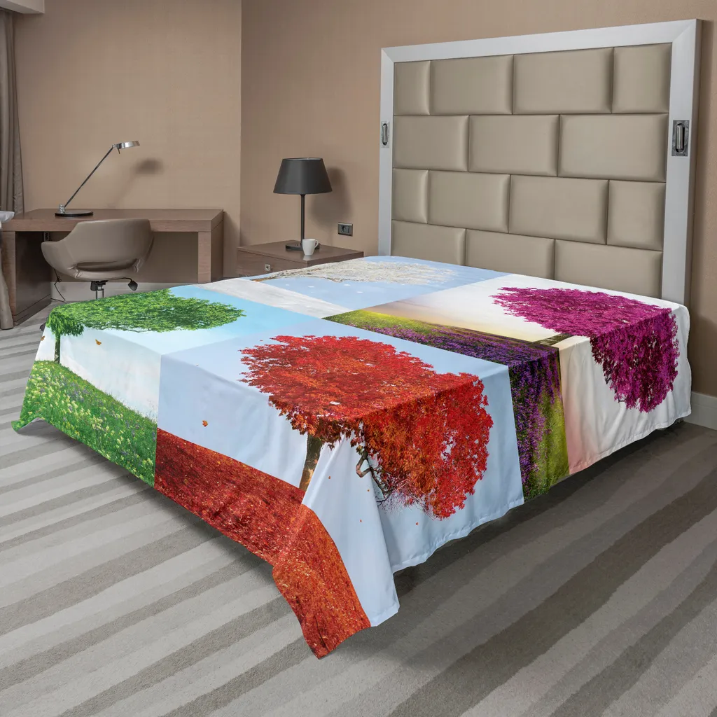 Drap de dessus doux motif arbre quatre saisons 275x260 cm pour grand lit