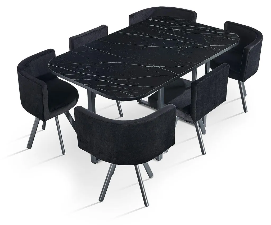 Table 150cm effet marbre noir Oslo XL avec 6 chaises en velours encastrables