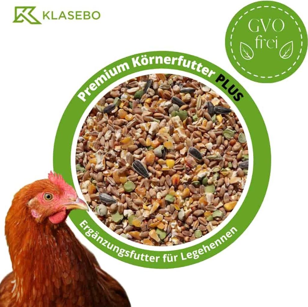 A close-up of chicken feed within a green circle, with a chicken's head in the foreground and brand logo and text overlays.