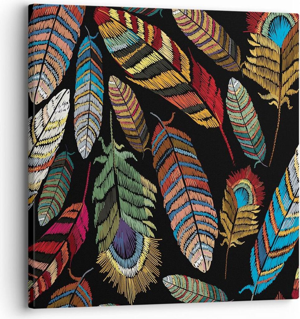 Bild auf Leinwand - Leinwandbild - Einteilig - Federn Bunt Stickerei - 30x30cm - Wand Bild - Wanddeko - Wandbilder - Leinwanddruck - Bilder - Wandd...
