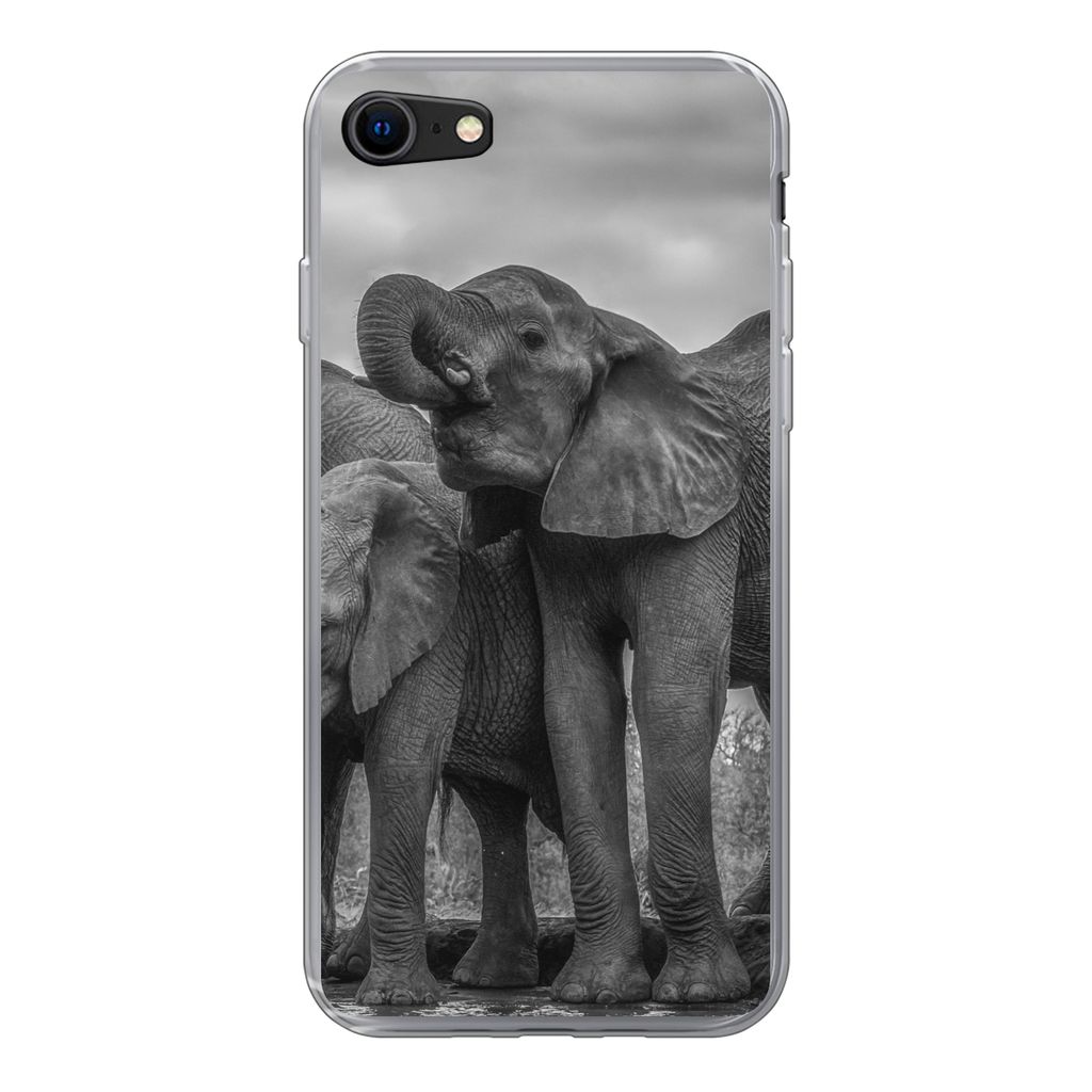 MuchoWow Handyhülle Schutzhülle Hülle für iPhone 8 Elefant - Tiere - Wasser - Schwarz und weiß Silikon Softcase Handy Hülle - Schutzhaube