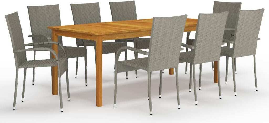 Gartenmöbel-Set 9-tlg. Grau Akazien-Massivholz/PE Rattan Stahl 200x90x74cm Tisch 8 Stühle stapelbar