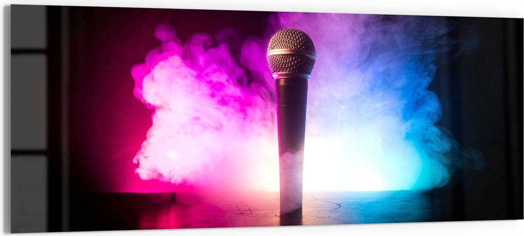 DEQORI Glasbild Echtglas 150x60 cm 'Mikrofon in Szene gesetzt' Wandbild Bild modern Deko