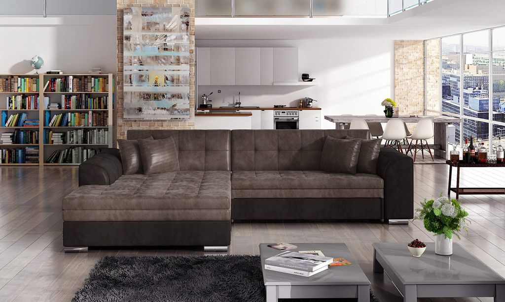 Krudox SORE Ecksofa L-Form 296x78x194 cm - Sandfarben mit Dunkelbraun Schlafsofa mit Bettkasten - Schlaffunktion 128x262 cm - Links - Stoff: Monoli...