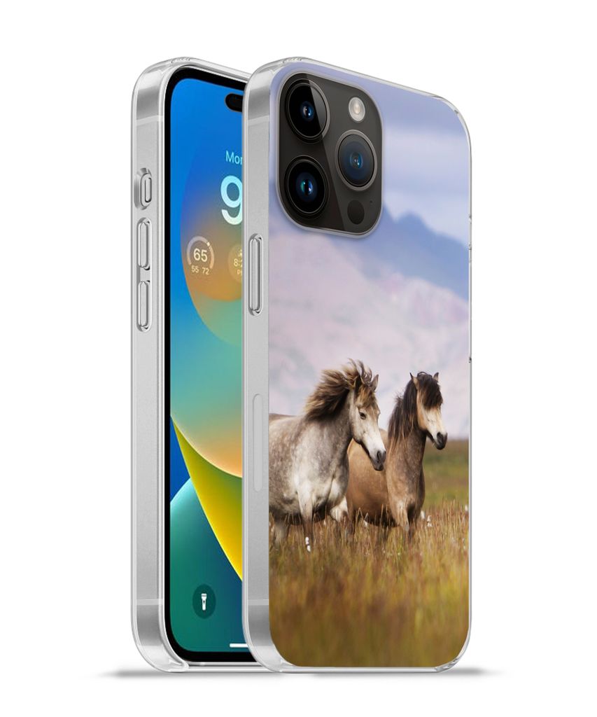 MuchoWow Handyhülle Schutzhülle Hülle für Apple iPhone 14 Pro - Softcase Pferde - Gras - Berge Silikon Softcase Handy Hülle - Umschlag