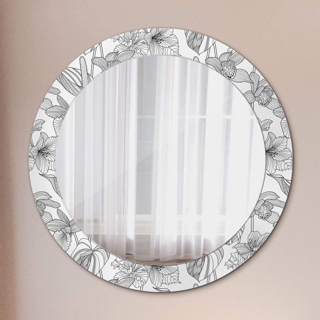 Spiegel Rund mit Aufdruck - Wandspiegel Design Wandmontage – Badspiegel - Floral Muster - Runder: Ø70cm