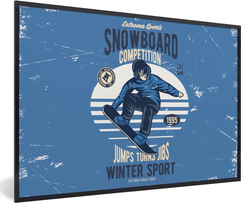 MuchoWow MuchoWow Gerahmtes Poster Snowboard - Mann - Vintage 90x60 cm - Poster mit zchwarzem Bilderrahmen - Fotorahmen - Foto-Plakat