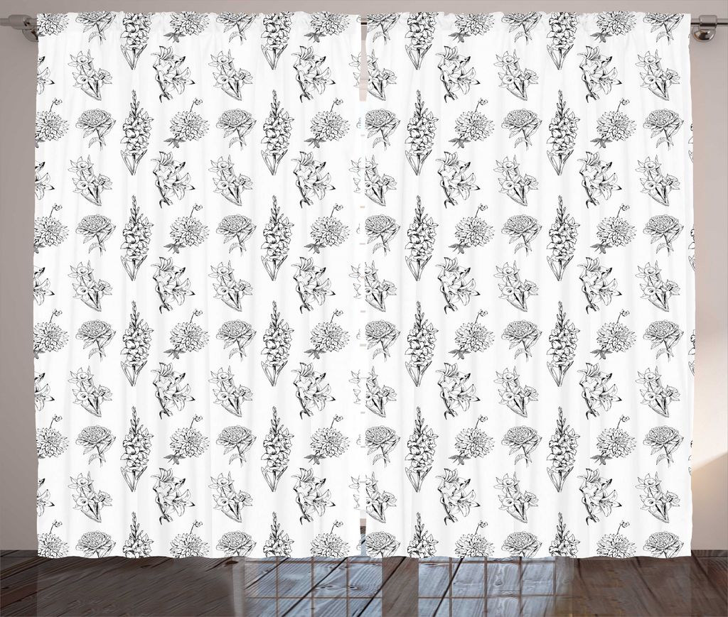 ABAKUHAUS Blumen Rustikaler Gardine, Blumen und Blatt-Skizze, Wohnzimmer Universalband Gardinen mit Schlaufen und Haken, 280 x 225 cm, Weiß und Du...