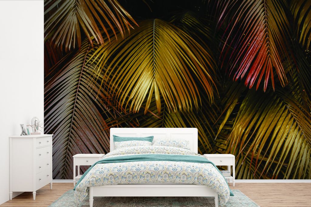 MuchoWow Fototapete für Wohnzimmer oder Schlafzimmer Wandtapete Vinyl Motivtapete Dschungel - Blätter - Gold - 525x350 cm - Das Hintergrundbild