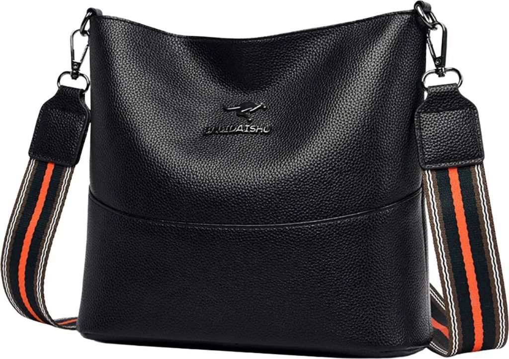 A black leather handbag with a striped strap is shown against a white background.