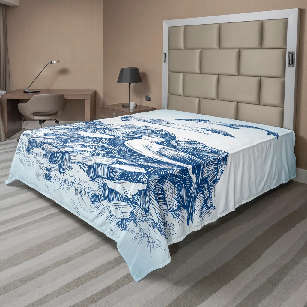 Drap Plat Décoratif Thème Marin Mouettes et Vagues 244x205cm Marine
