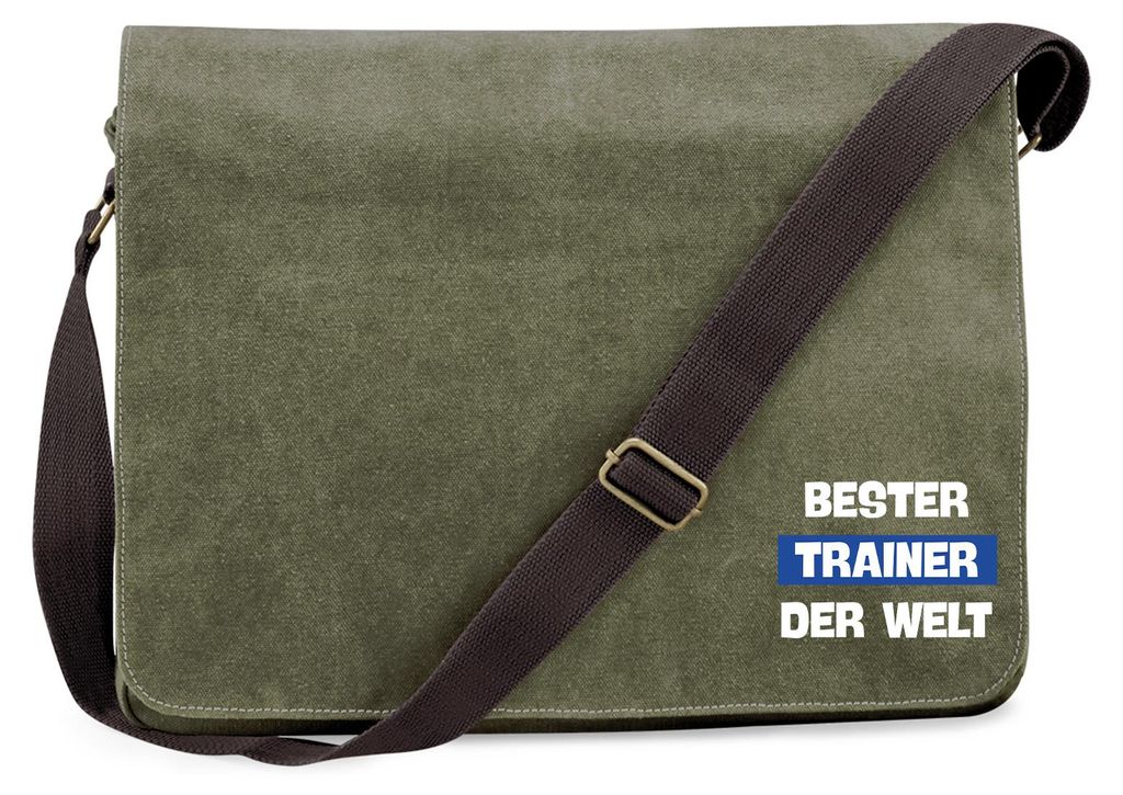 Huuraa Umhängetasche Bester Trainer der Welt 14 Liter Military Green Canvas Laptoptasche Geschenkidee