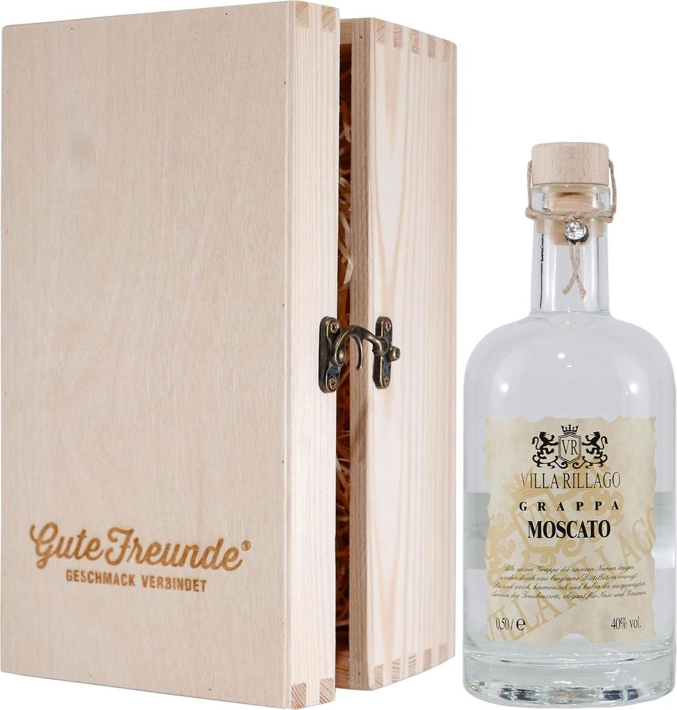 Villa Rillago Moscato Grappa mit Geschenk-Holzkiste