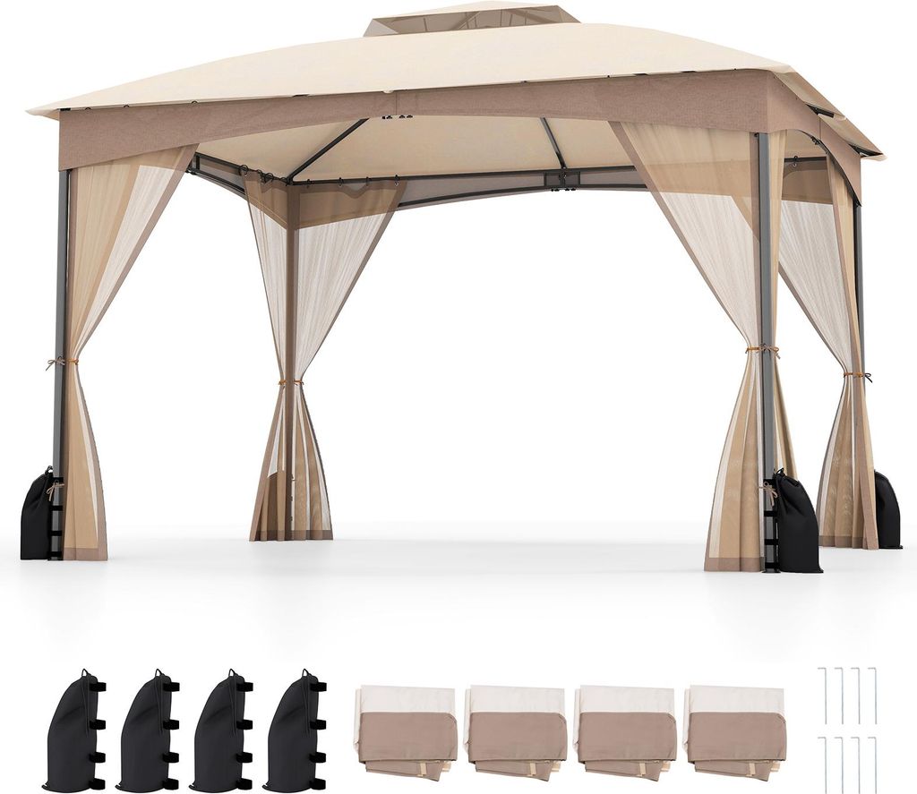 COSTWAY Pavillon 3x3,6m, Gartenpavillon mit 4 Sandsäcken, 4 Moskitonetz, Doppeldach & Tragetasche, Partyzelt wasserdicht, stabil, winterfest Khaki