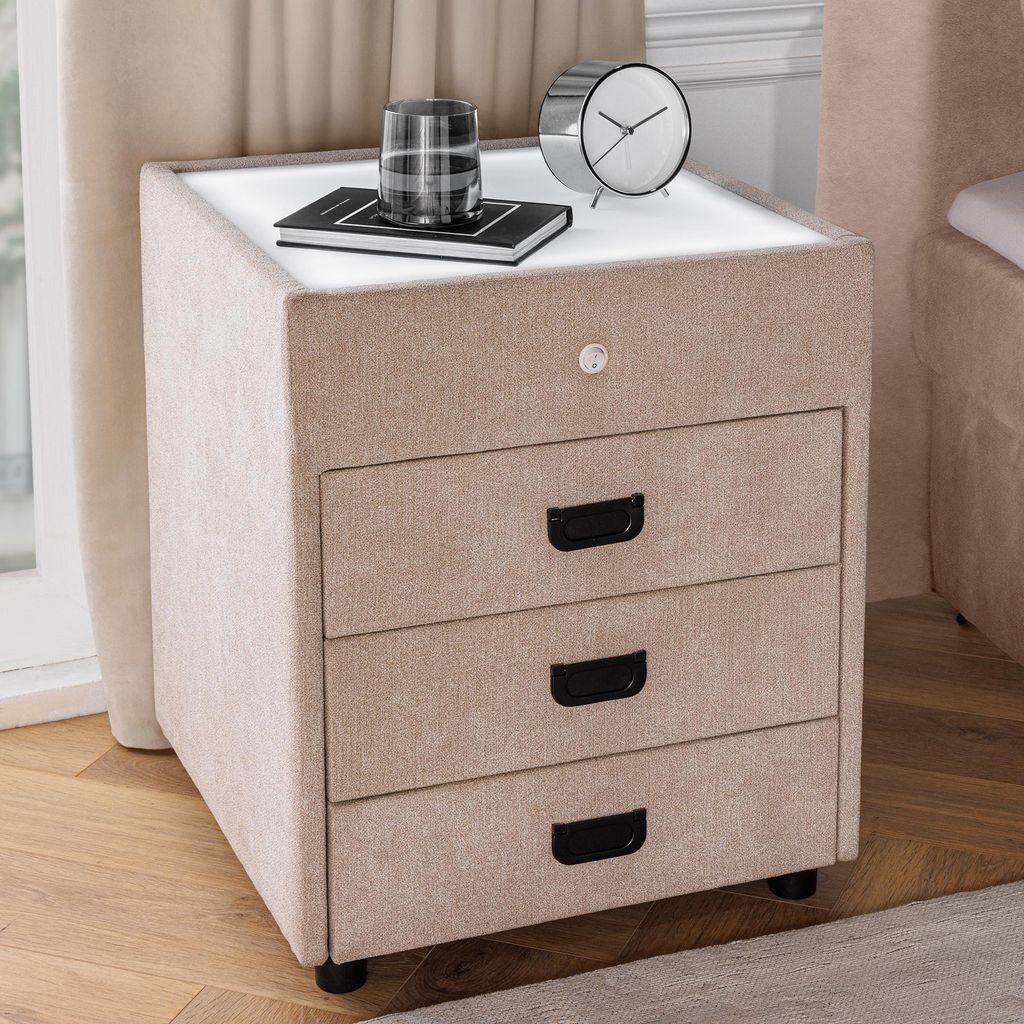 riess-ambiente Quadratischer Nachttisch TOULOUSE 55cm beige Samt inkl. Beleuchtung und Schubladen Nachtschrank Nachtkästchen