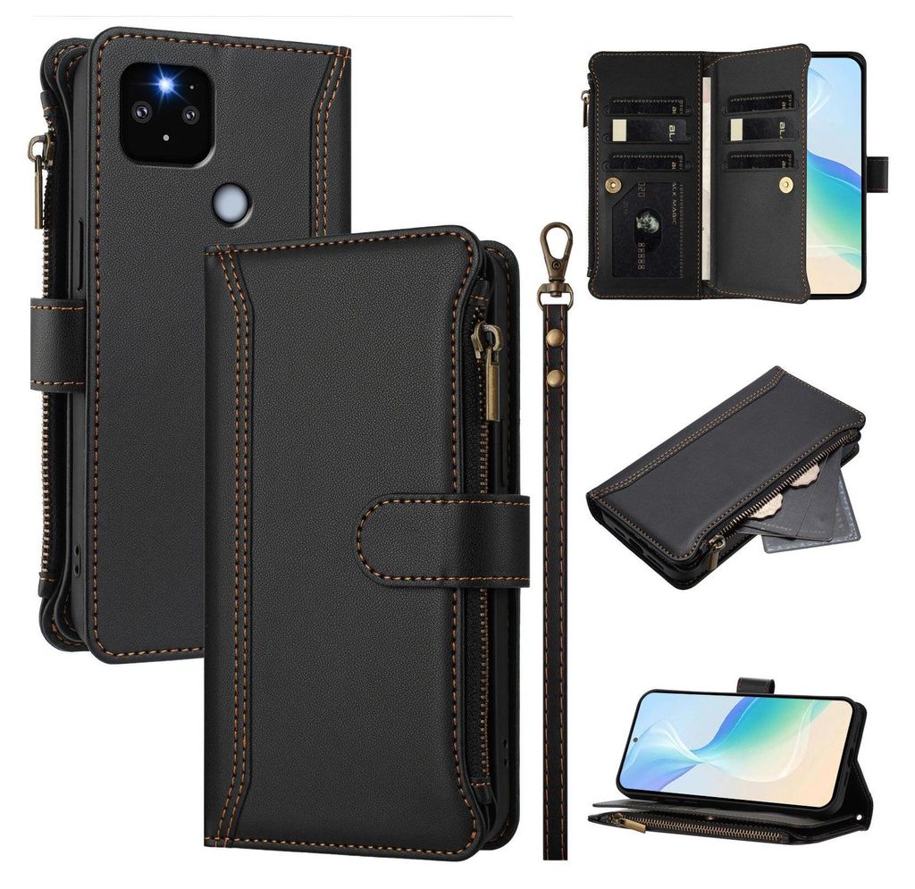 A collage of images showcasing a black leather wallet-style phone case for a Google Pixel 4A 5G, with various angles and features displayed.