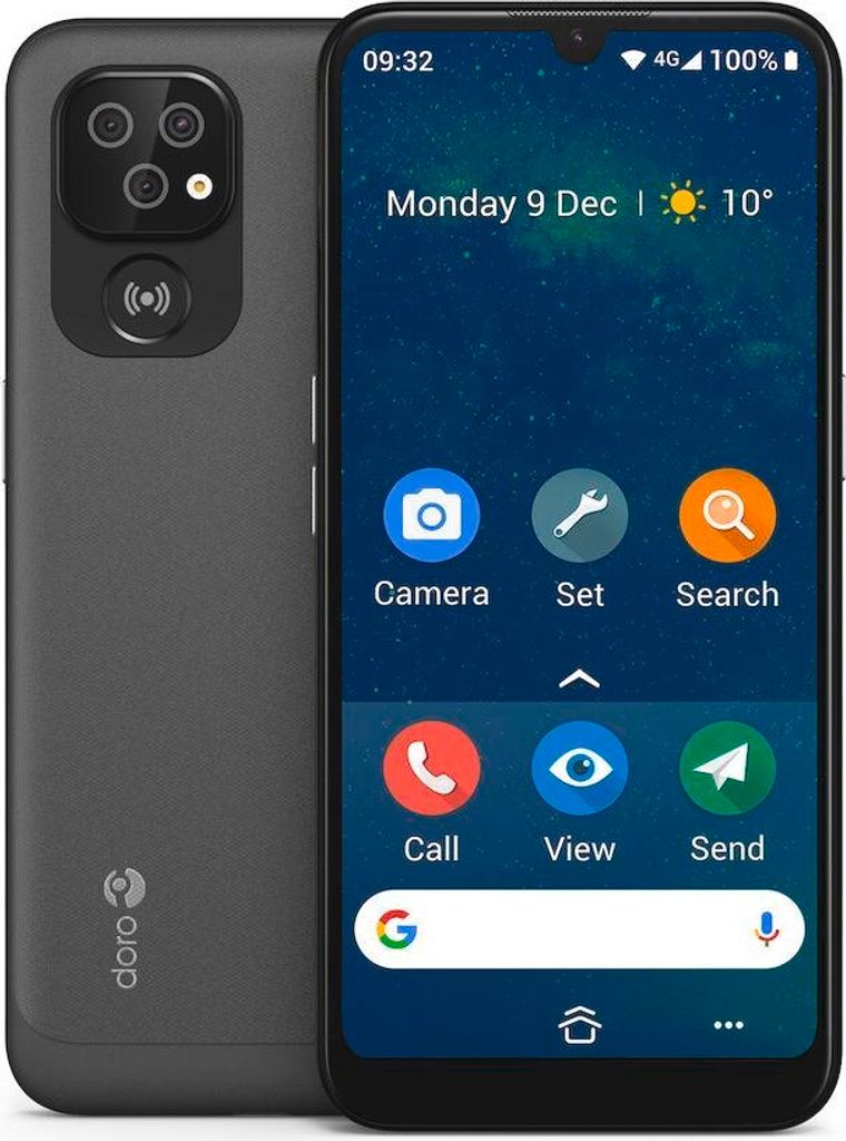 A Doro 8100 smartphone is shown from the front and back, displaying its screen with app icons and the time.