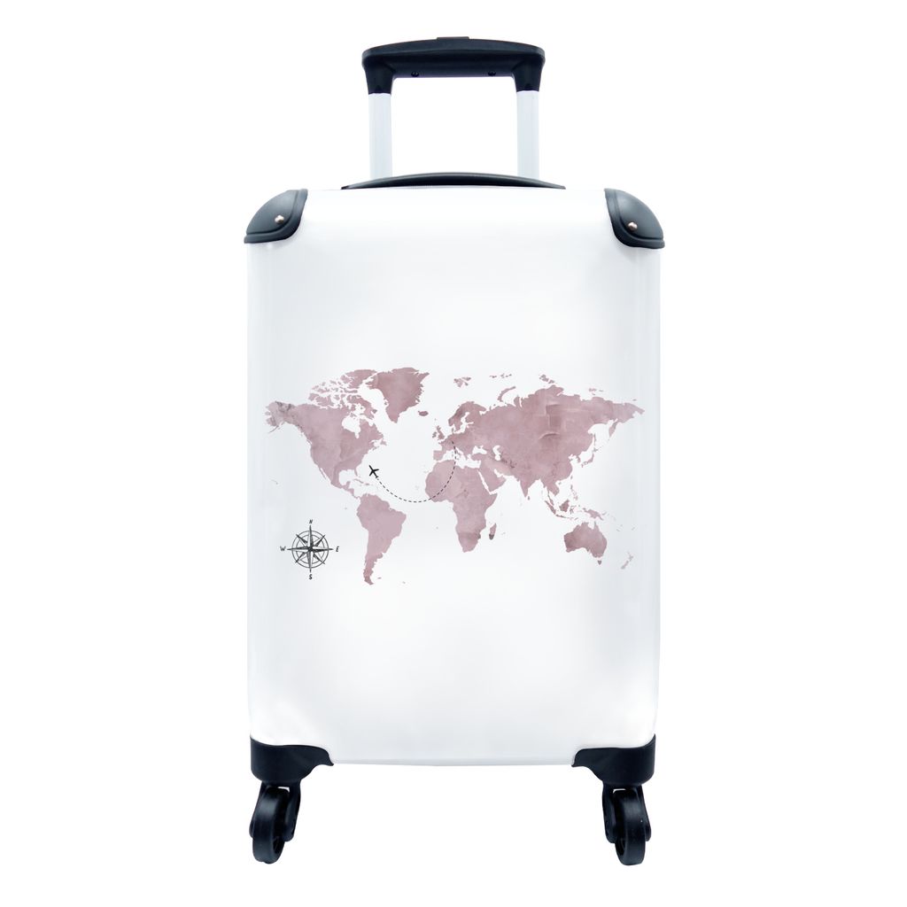 MuchoWow Koffer Handgepäck Trolley Rollkoffer Kleine Reisekoffer mit 4 Rollen - Weltkarte - Rosa - Reisen - Cabin Size < 55x40x23 cm & 55x40x20 ...