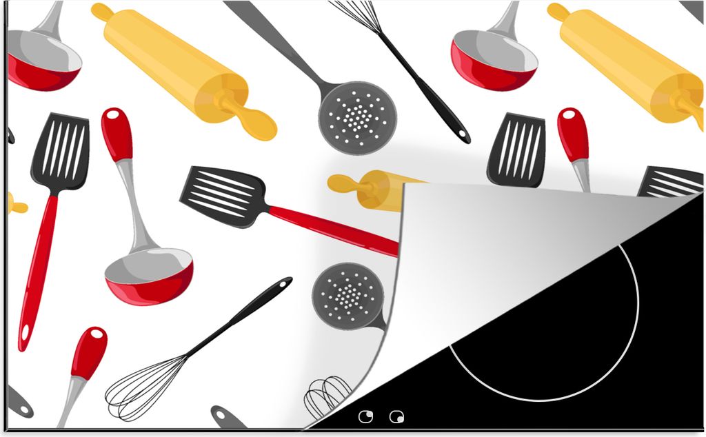 KitchenYeah Herdabdeckplatte Muster - Küchenutensilien - Spatel - Nudelholz , 81x52cm, Küche Deko, Glaskeramikfeld Herdabdeckung, Abdeckplatte ...