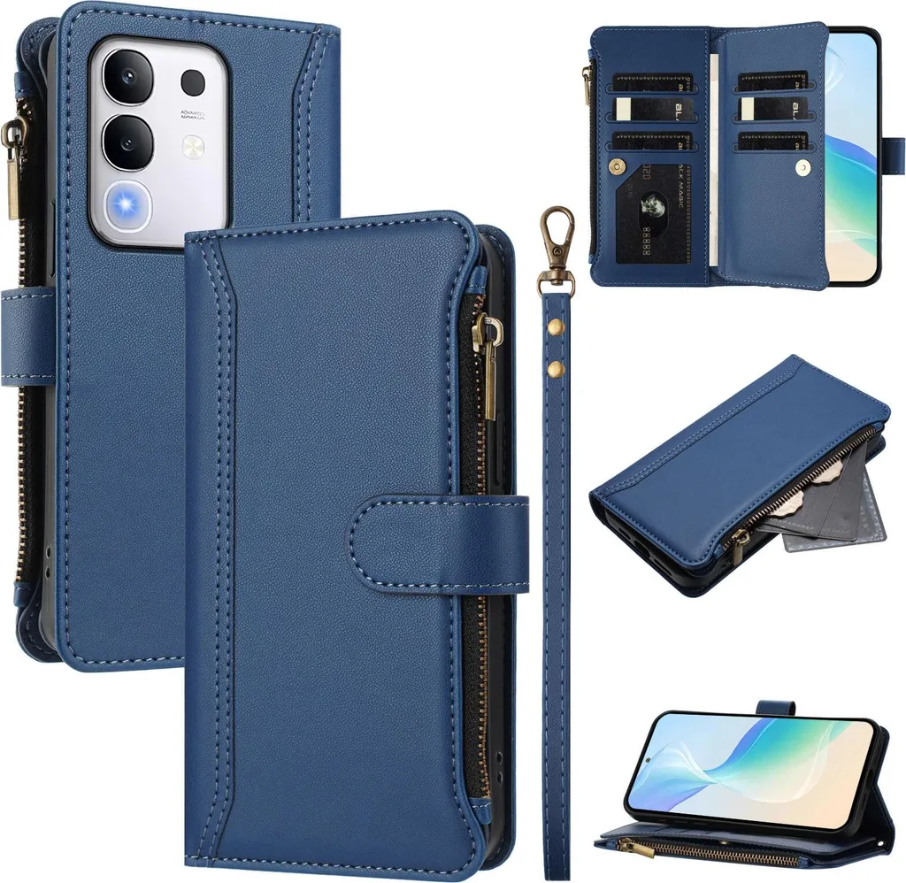 Cover Blu per Vivo Y29 4G - Portafoglio con Zip e Cinturino Polso