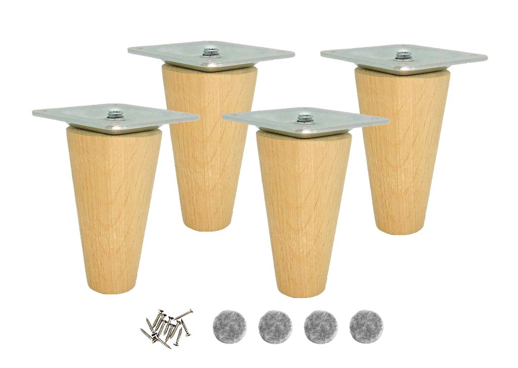 4x Möbelfuß aus Eiche – konisch, roh, 8 cm – mit M8-Schraube & Montageplatte