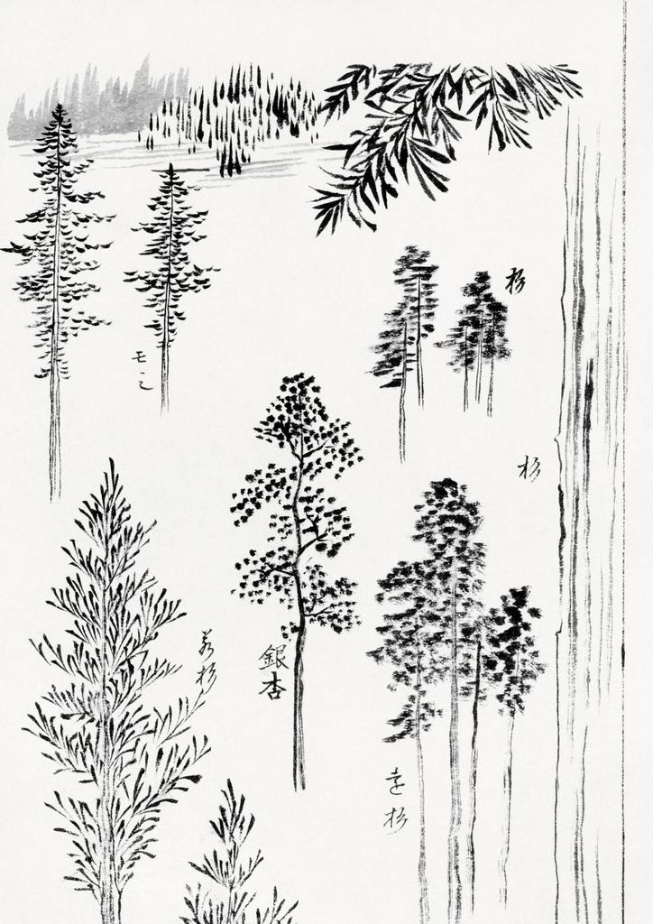 Poster 21x29,7cm Kiefernbäume, Hokusai Japanisch Vintage für das Wohnzimmer