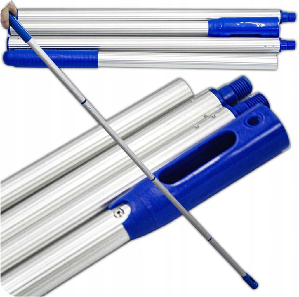 A stack of aluminum telescopic poles with blue plastic handles, with one pole extended and angled across the frame.