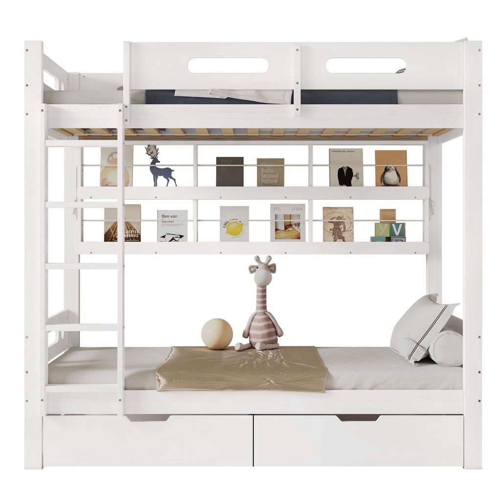 Etagenbett mit 2 Liegeflächen und Stauraum (90x200 cm) Kinderbett mit Regal, Schubladen und Rausfallschutz, Kiefer