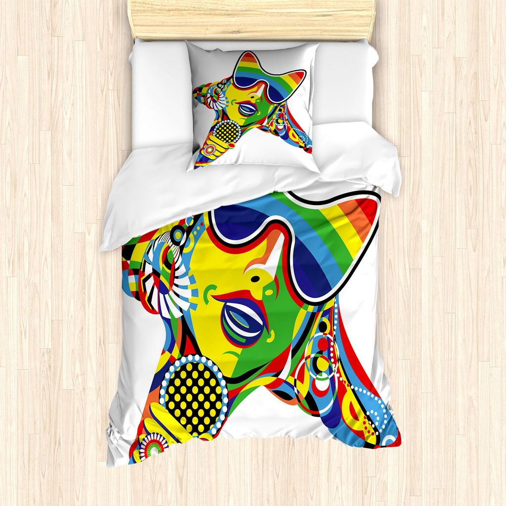 ABAKUHAUS Popstar-Party Bettbezug Set, Abstraktes Design in Regenbogenfarben Kunst in Form von Starfish Performer Woman, 135 x 200 cm + 80 x 80 cm,...